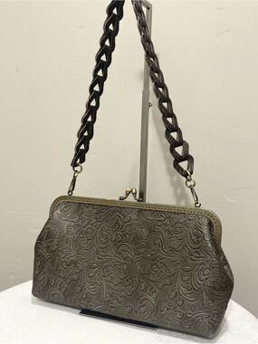 Handsewn Genuine Embossed Leather Retro Style Kisslock Frame Bag, Large Size
